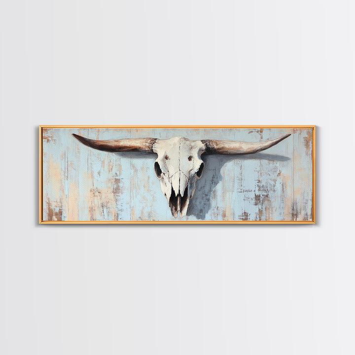 Longhorn Skull On Rustic Blue Wall Art, Western Cowboy Decor, Southwestern Farmhouse, Large Horizontal Ranch Housewarming Gift