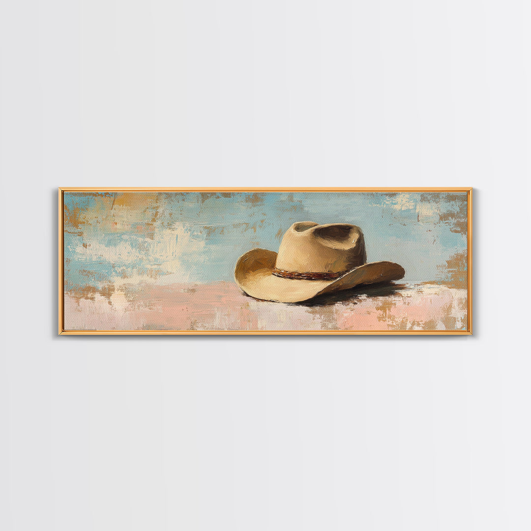Tan Cowboy Hat On Pastel Blue Canvas Print, Western Wall Art, Rustic Ranch Decor, Southwestern Farmhouse, Neutral Bedroom Decor