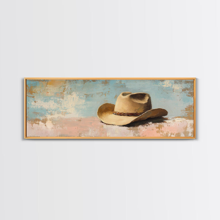 Tan Cowboy Hat On Pastel Blue Canvas Print, Western Wall Art, Rustic Ranch Decor, Southwestern Farmhouse, Neutral Bedroom Decor