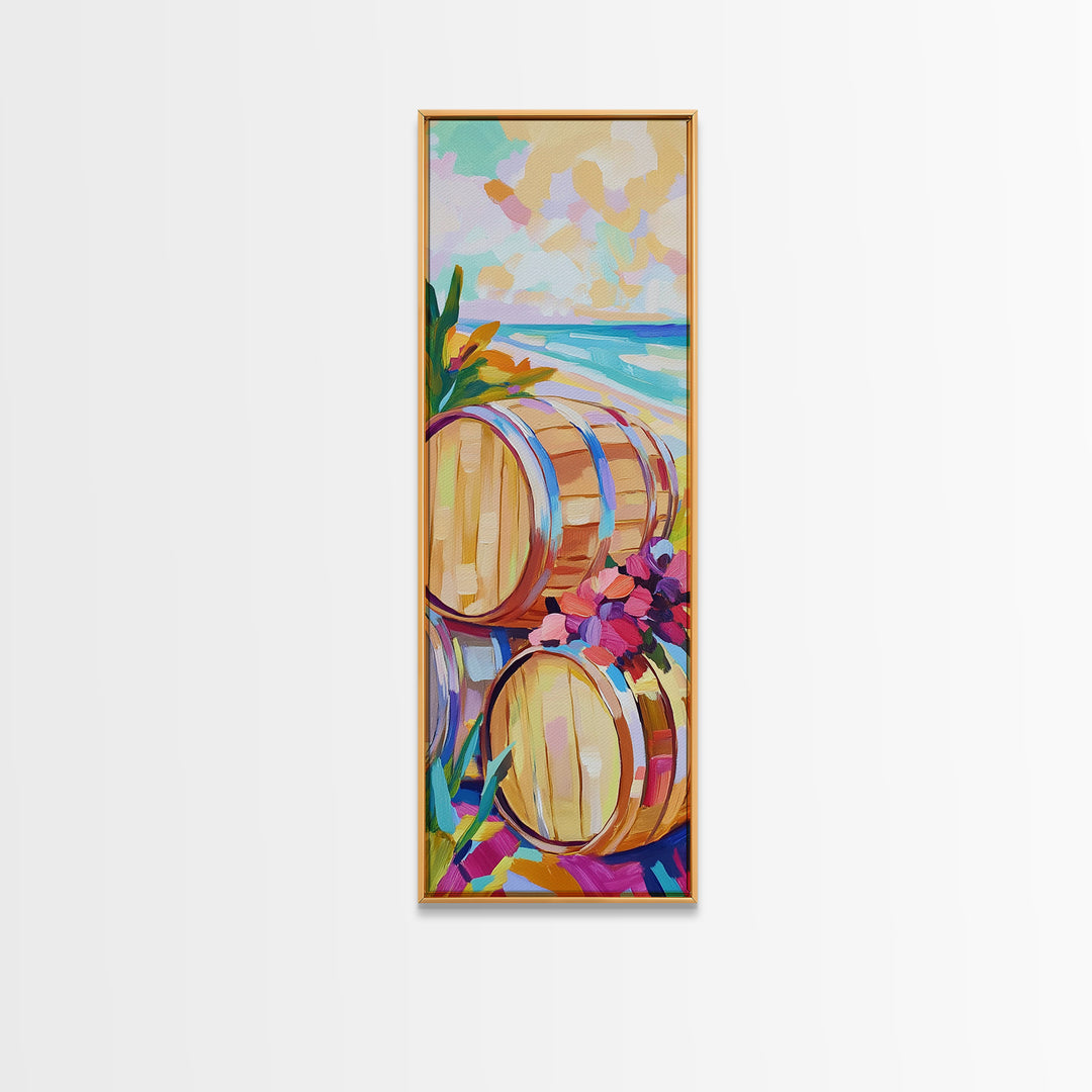 Sunlit Wine Barrels By Turquoise Beach Canvas Print, Coastal Wall Art, Winery Decor, Beach House Decor, Kitchen Art, Dining Room Print