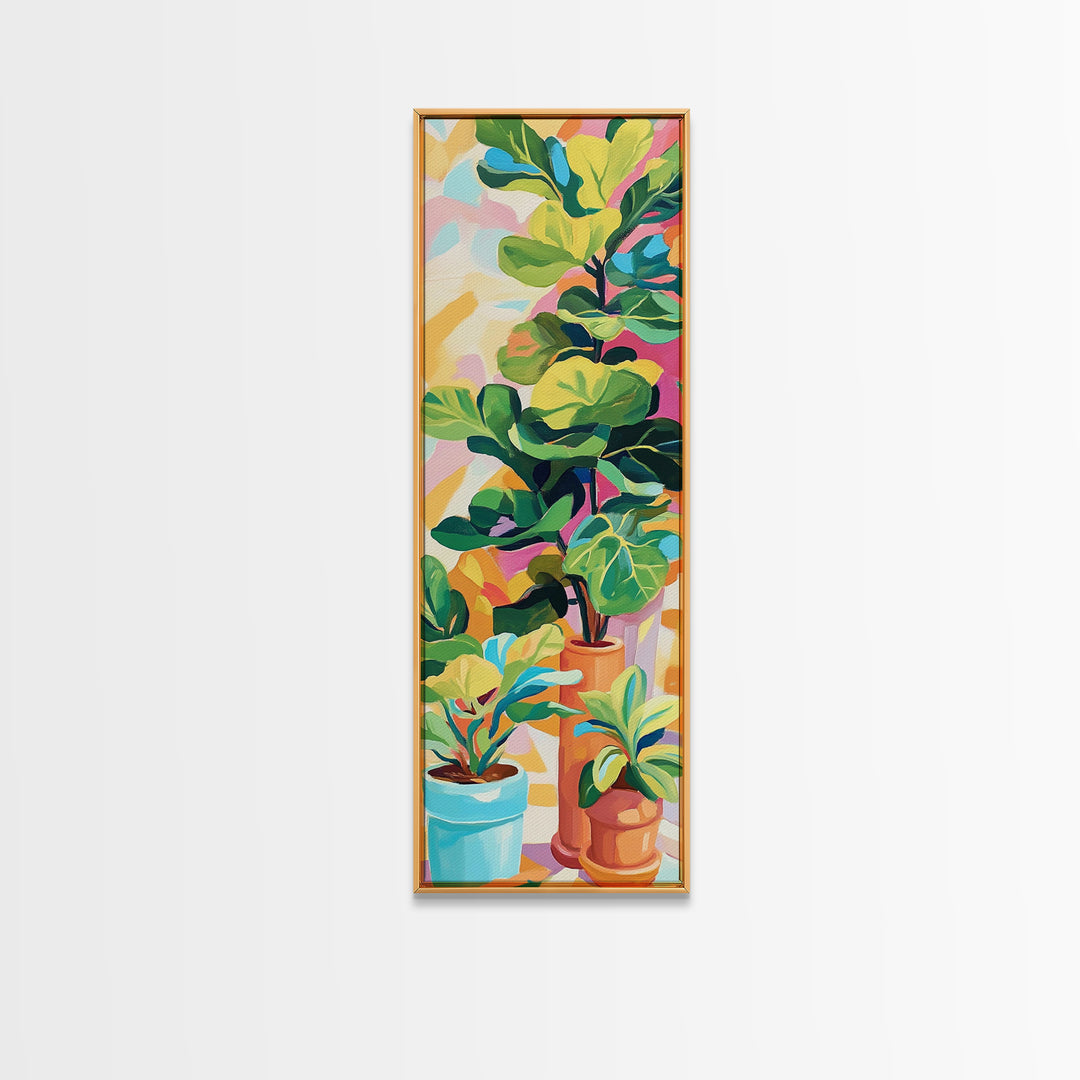 Potted Fiddle Leaf Plants Framed Canvas Print, Botanical Wall Art, Colorful Boho Home Decor, Plant Lover Housewarming Gift