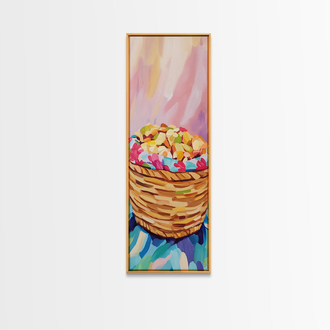 Woven Basket Of Colorful Sweets Canvas Print, Pastel Kitchen Wall Art, Bakery Decor, Cute Food Art Print, Housewarming Gift