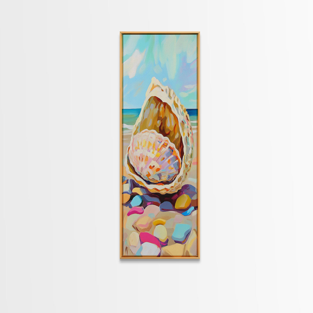 Pastel Seashells On Sunny Beach Wall Art, Coastal Canvas Wall Art, Beach House Decor, Ocean Art Print, Summer Home Decor
