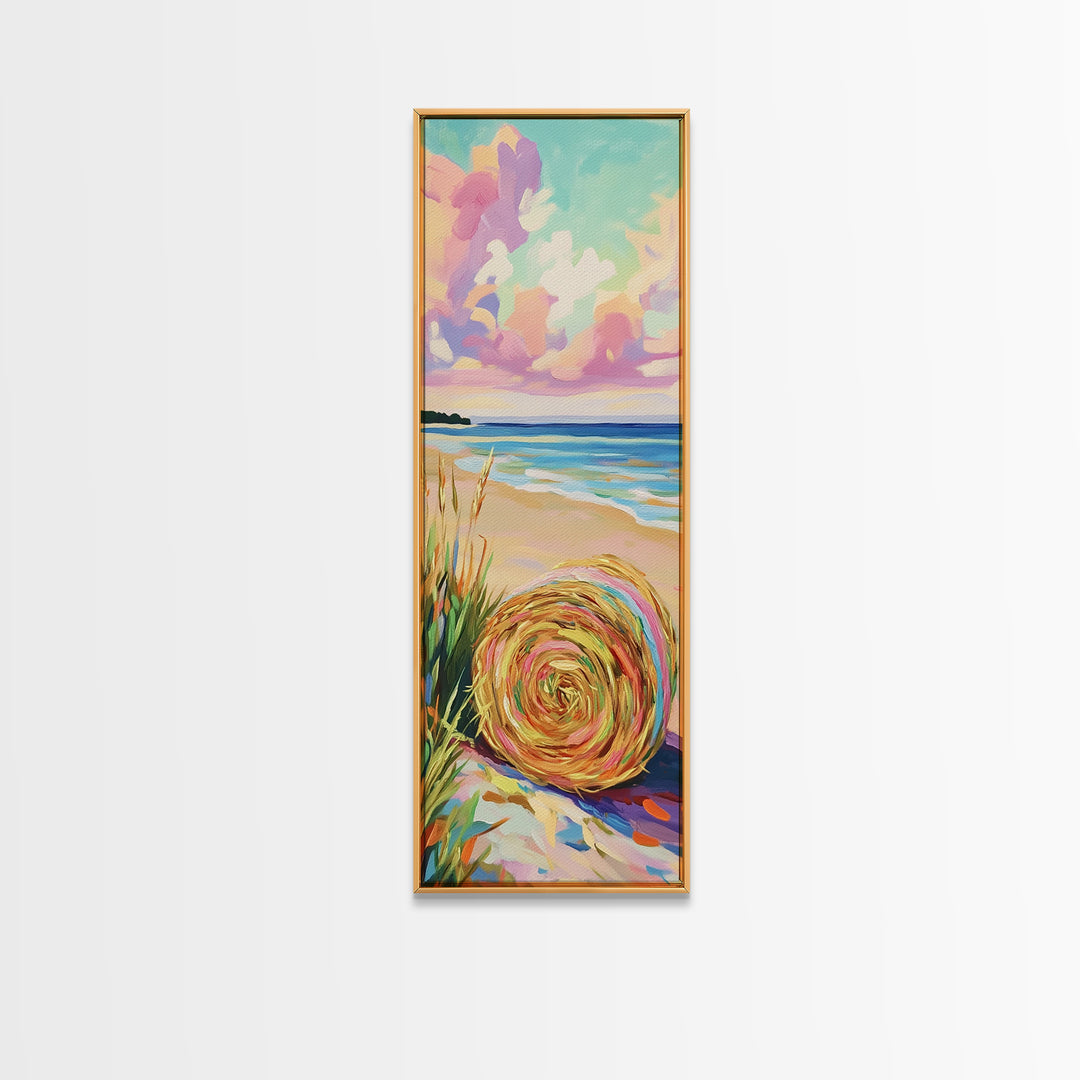 Pastel Beach Hat By The Ocean Canvas Print, Coastal Wall Art, Summer Beach House Decor, Serene Seascape Art Print, Wall Decor
