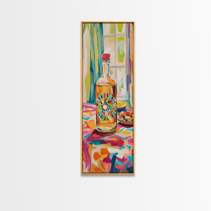 Colorful Tequila Bottle And Citrus Canvas Print, Mediterranean Kitchen Wall Art, Bar Cart Decor, Bright Dining Room Gift