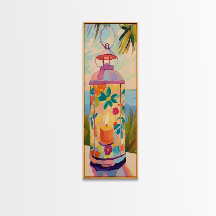 Pink Floral Candle Lantern Canvas Print, Coastal Wall Art, Tropical Beach House Decor, Bright Summer Patio Art For Living Room
