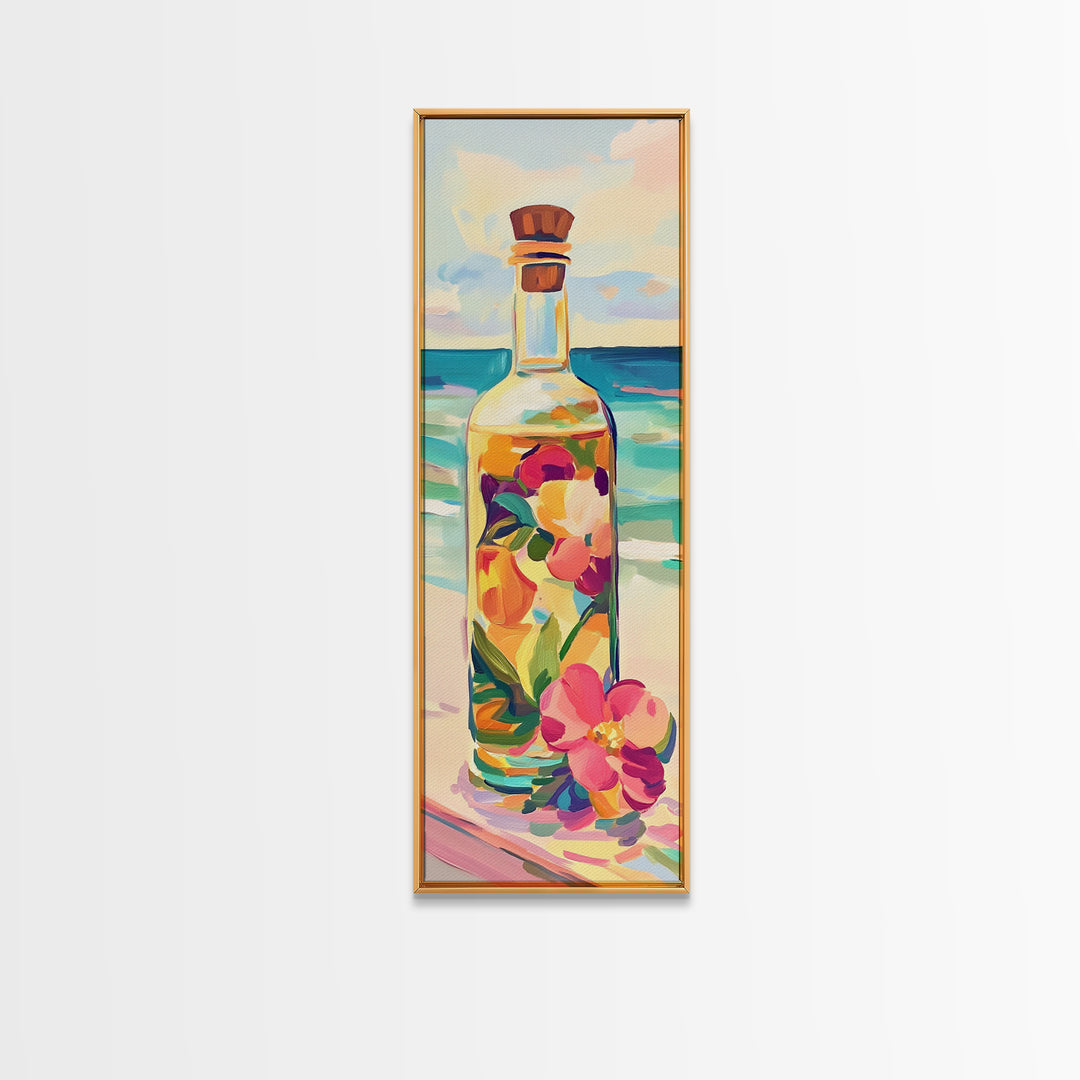 Floral Glass Bottle By Turquoise Sea Wall Art, Coastal Kitchen Decor, Beach House Art Print, Tropical Flowers Canvas Print
