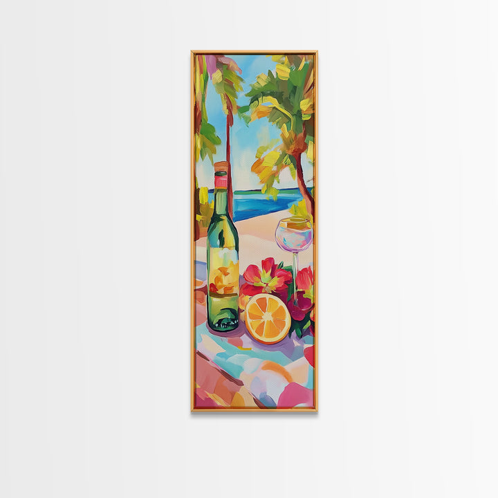 Tropical Wine Bottle And Citrus Still Life Wall Art, Beach House Decor, Coastal Kitchen Art, Summer Bar Cart Canvas Print