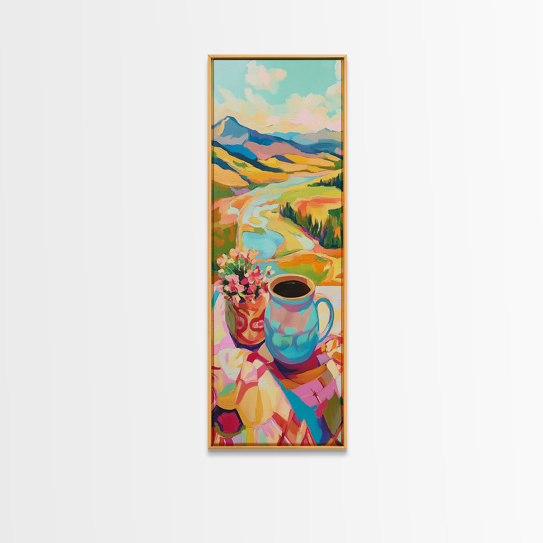Mountain Valley Coffee Mug Landscape Wall Art, Colorful Nature Painting, Cozy Kitchen Decor, Housewarming Gift Canvas Print