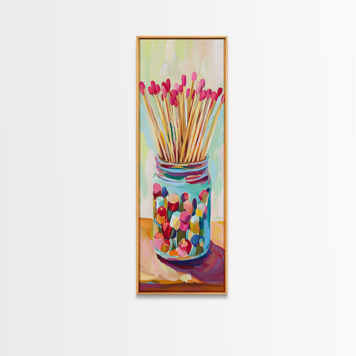 Colorful Matchstick Jar Canvas Print, Whimsical Kitchen Wall Art, Bright Still Life Painting, Fun Eclectic Home Decor Gift