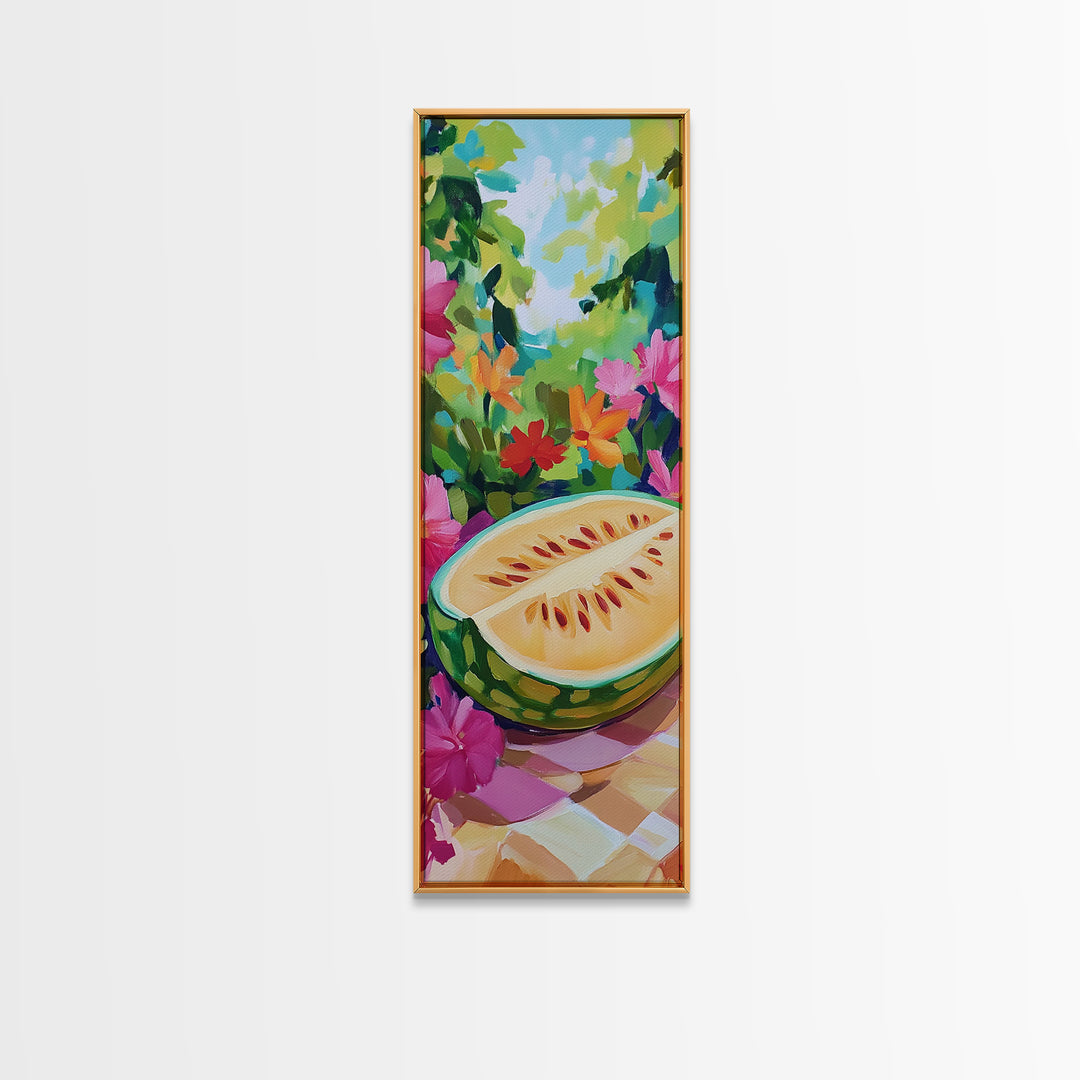 Sunlit Melon Slice In Garden Wall Art, Colorful Fruit Canvas Print, Tropical Kitchen Decor, Whimsical Summer Art Print Gift