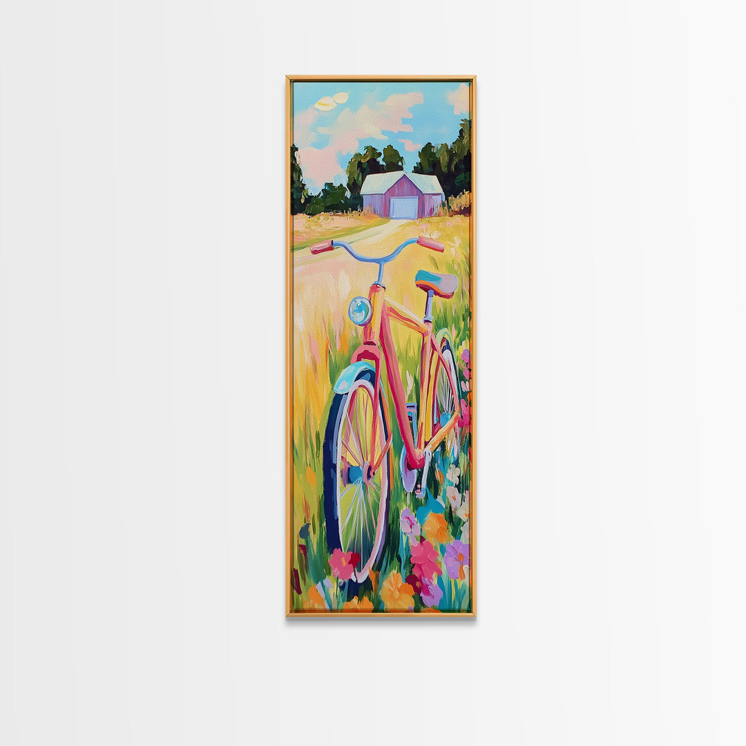 Pink Bicycle In Wildflower Meadow Wall Art, Rustic Country Canvas Print, Farmhouse Decor, Summer Landscape Art Gift For Her