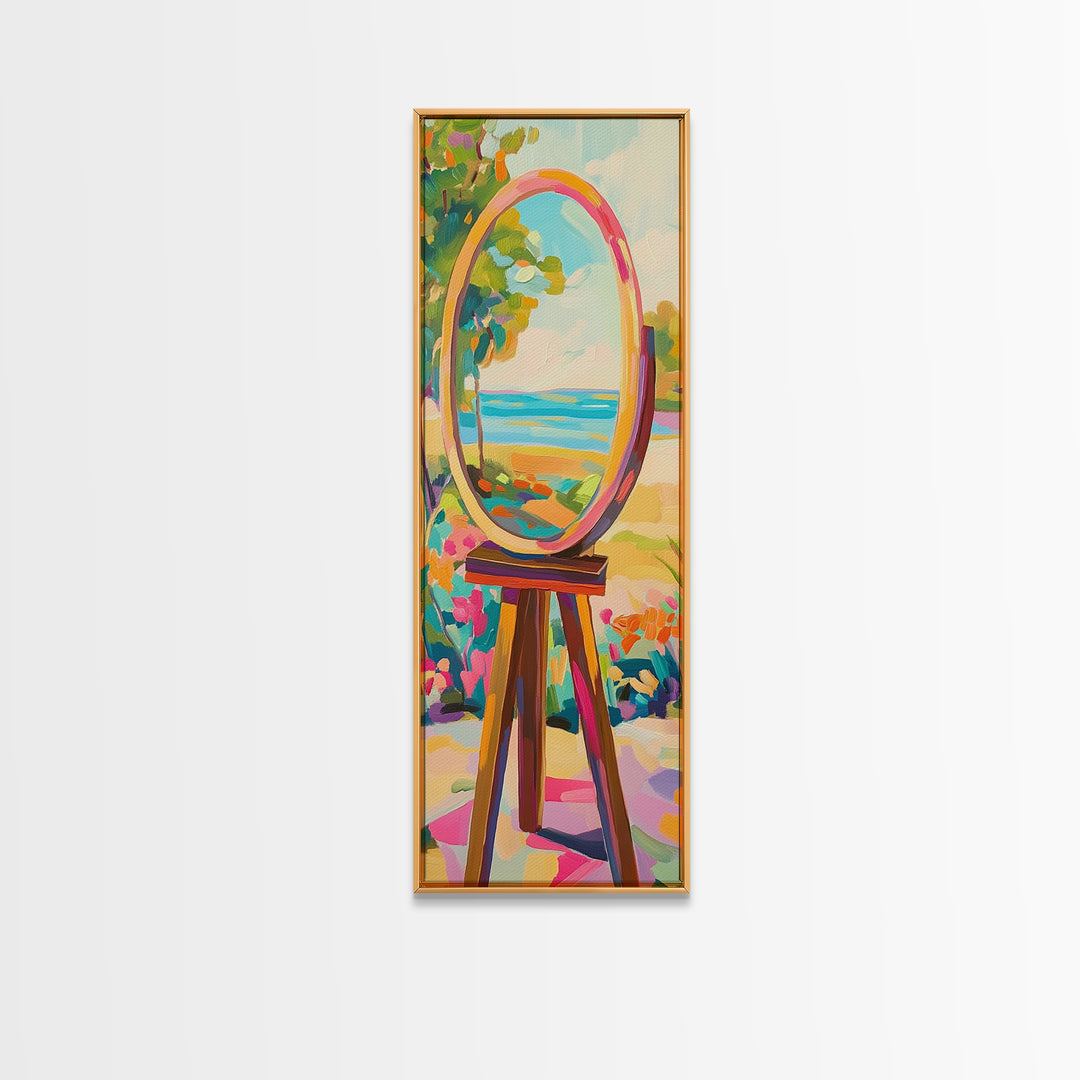 Oval Mirror By The Sea Wall Art, Coastal Garden Canvas Print For Bathroom Decor, Beach House Decor, Feminine Wall Decor, Home Decor