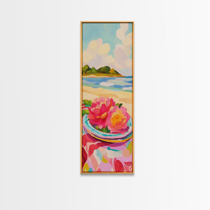 Pink Flowers On Sunny Beach Canvas Print, Coastal Seascape Wall Art, Feminine Summer Decor For Bedroom And Living Room Gift