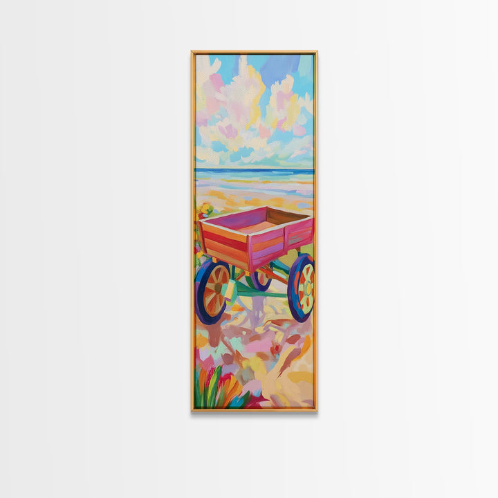 Red Beach Wagon At Shore Canvas Print, Coastal Wall Art, Summer Beach House Room Decor, Nautical Nursery Art, Gift For Kids