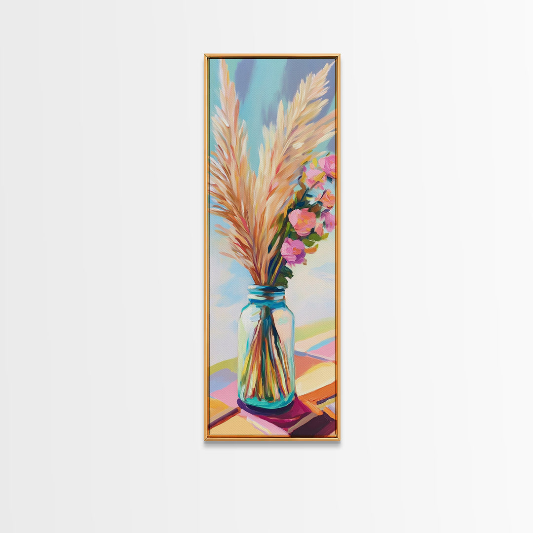 Pampas Grass In Blue Mason Jar Canvas Print, Boho Floral Wall Art, Neutral Home Decor, Rustic Bedroom Decor, Gift For Her