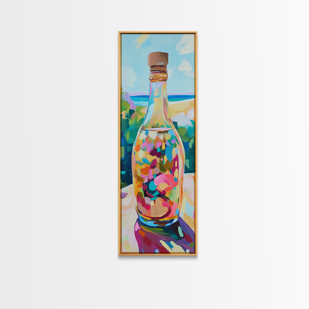 Colorful Sea Glass Bottle On Sunny Beach Wall Art, Coastal Canvas Wall Art, Beach House Decor, Vibrant Kitchen Art Print