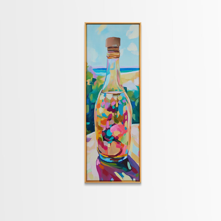 Colorful Sea Glass Bottle On Sunny Beach Wall Art, Coastal Canvas Wall Art, Beach House Decor, Vibrant Kitchen Art Print