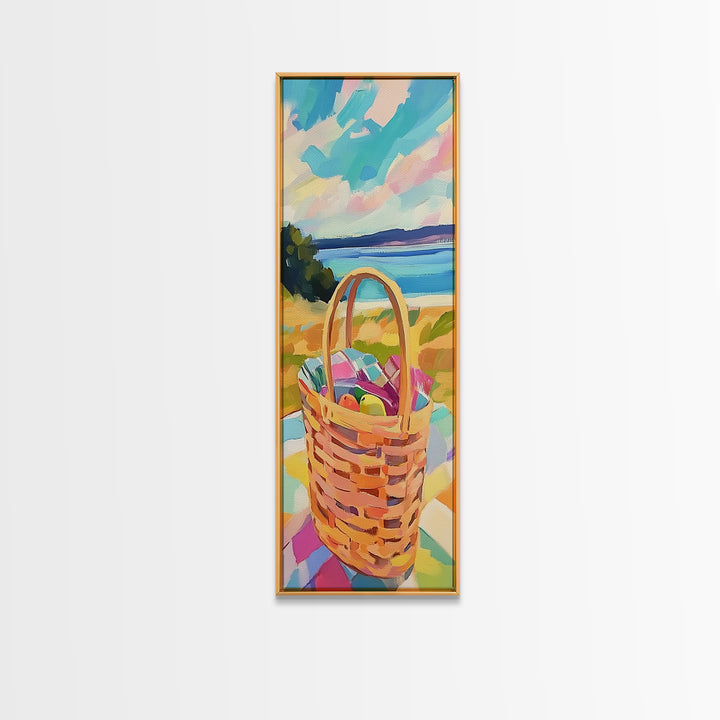 Woven Picnic Basket By Blue Ocean Wall Art, Coastal Beach House Decor, Summer Landscape Art, Framed Canvas Print, Gift For Her