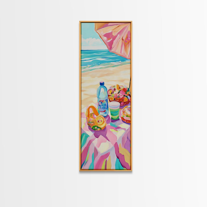 Beach Picnic Under Pink Umbrella Canvas Print, Coastal Wall Art, Colorful Beach House Decor, Summer Kitchen Art Print Gift