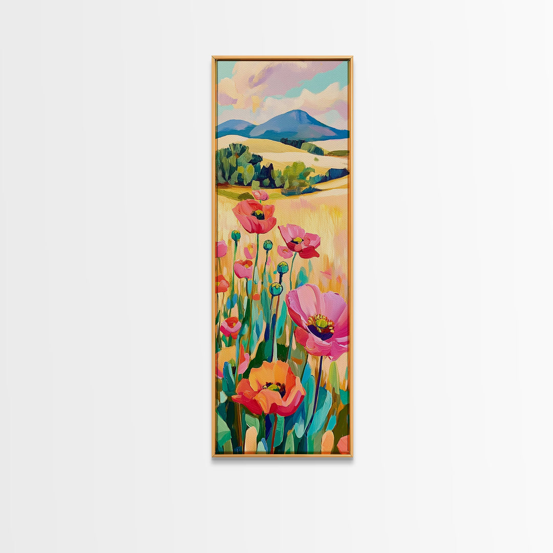 Pink Poppy Field Landscape Wall Art, Colorful Nature Canvas Print, Farmhouse Decor, Mountain Wall Art, Housewarming Gift