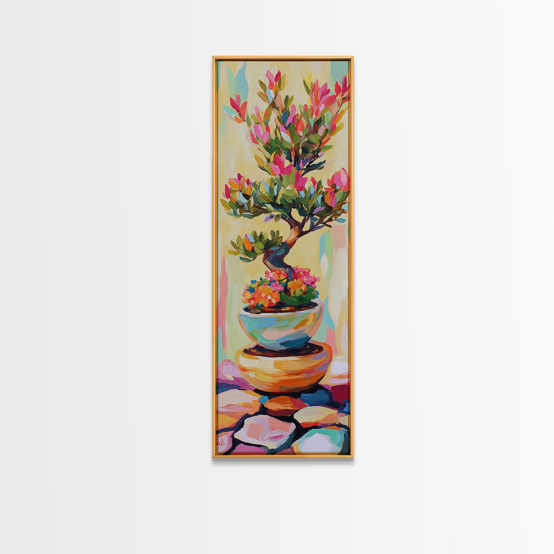 Flowering Bonsai Tree In Teal Pot Framed Canvas Print, Japandi Wall Art, Zen Home Decor, Botanical Decor, Housewarming Gift