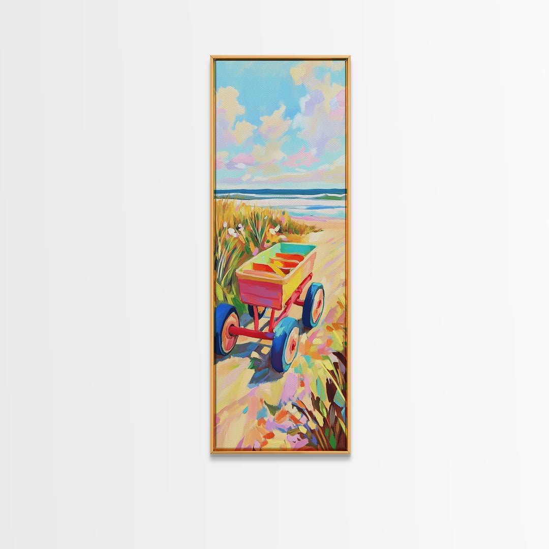 Red Beach Wagon Beside Ocean Dunes Canvas Print, Coastal Wall Art, Summer Beach Decor, Beach House Decor, Housewarming Gift