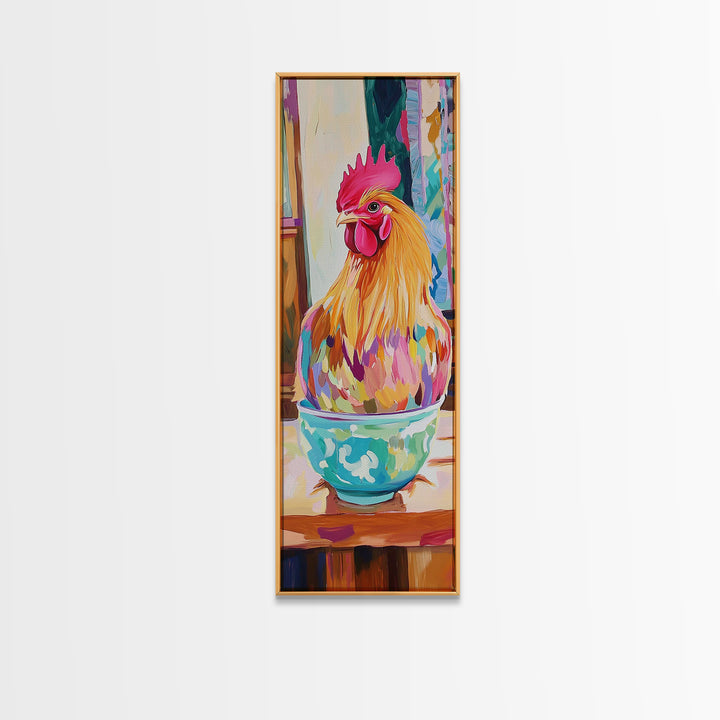 Whimsical Rooster In Teacup Wall Art, Farmhouse Kitchen Canvas Print, Colorful Chicken Decor, Rustic Country Art Gift Idea