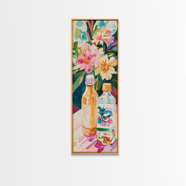 Tropical Flowers And Bottles Wall Art, Colorful Kitchen Canvas Print, Botanical Bar Cart Decor, Summer Dining Room Art Print