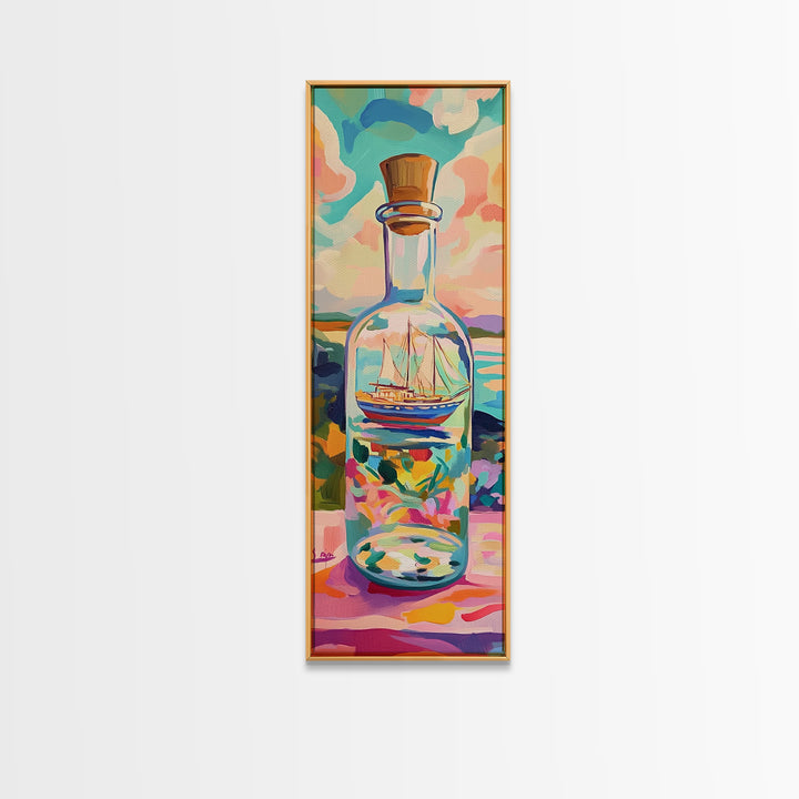 Sailing Ship In Glass Bottle Canvas Print, Coastal Wall Decor, Nautical Ocean Art, Beach House Decor, Gift For Sailboat Lover