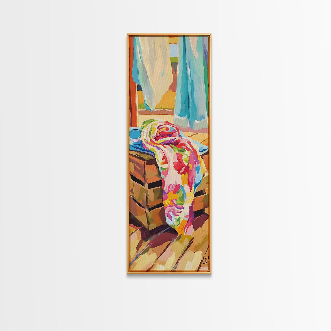 Beach Towels On Sunlit Chair Framed Canvas Print, Coastal Home Decor, Summer Beach House Art, Colorful Bathroom Wall Art