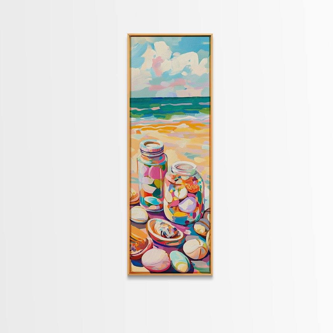 Beach Seashell Jars Canvas Print, Coastal Wall Art, Ocean Decor, Nautical Art Print, Beach House Living Room Decor Gift Idea