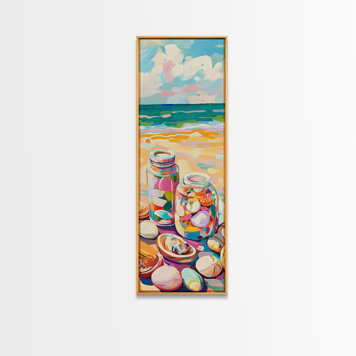 Beach Seashell Jars Canvas Print, Coastal Wall Art, Ocean Decor, Nautical Art Print, Beach House Living Room Decor Gift Idea
