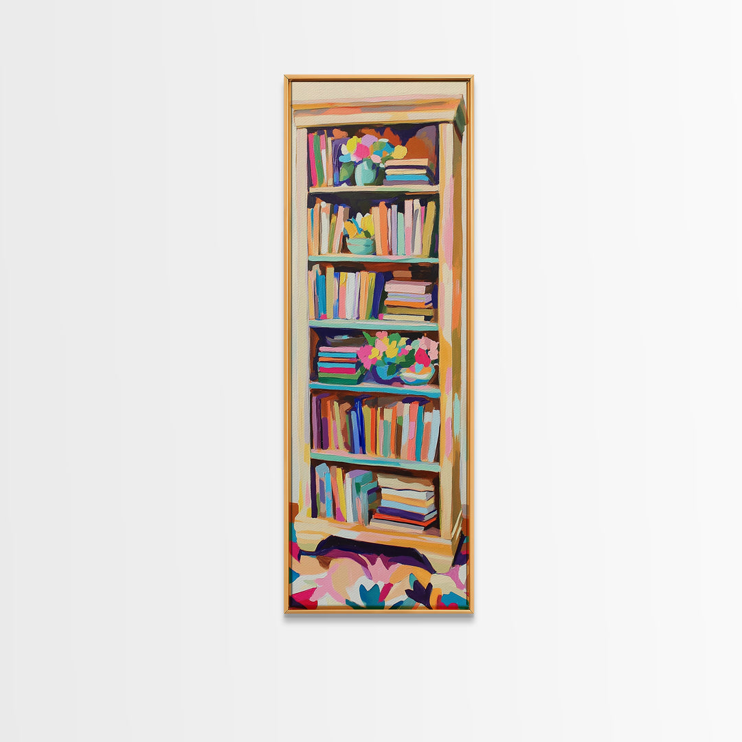 Tall Bookshelf And Flowers Canvas Print, Bookstore Wall Art, Library Decor, Book Lover Gift, Cozy Reading Nook Home Decor