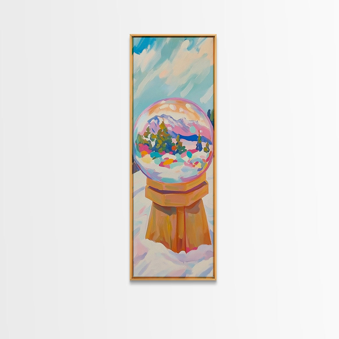 Mountain Snow Globe With Rainbow Winter Scene Framed Canvas Print, Whimsical Wall Art, Nursery Decor, Christmas Gift, Cozy Home Decor
