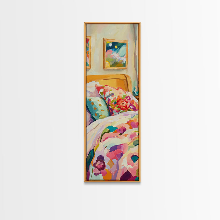 Floral Pillows On Cozy Bedroom Bed Framed Canvas Print, Romantic Wall Art, Bedroom Decor, Above Bed Art, Housewarming Gift