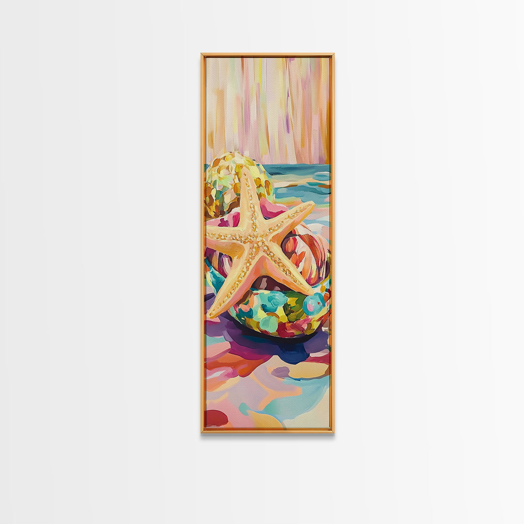 Golden Starfish In Glass Bowl Coastal Still Life Framed Canvas Print, Beach Wall Art, Ocean Decor, Summer Housewarming Gift
