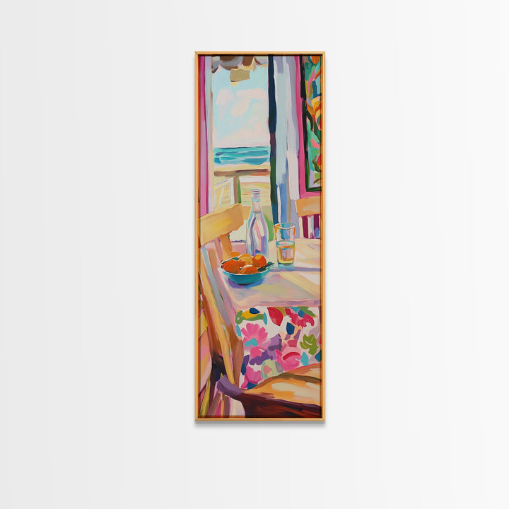 Sunlit Cafe Chair With Ocean View And Bottle Canvas Print, Coastal Kitchen Wall Art, Beach House Decor, Dining Room Print