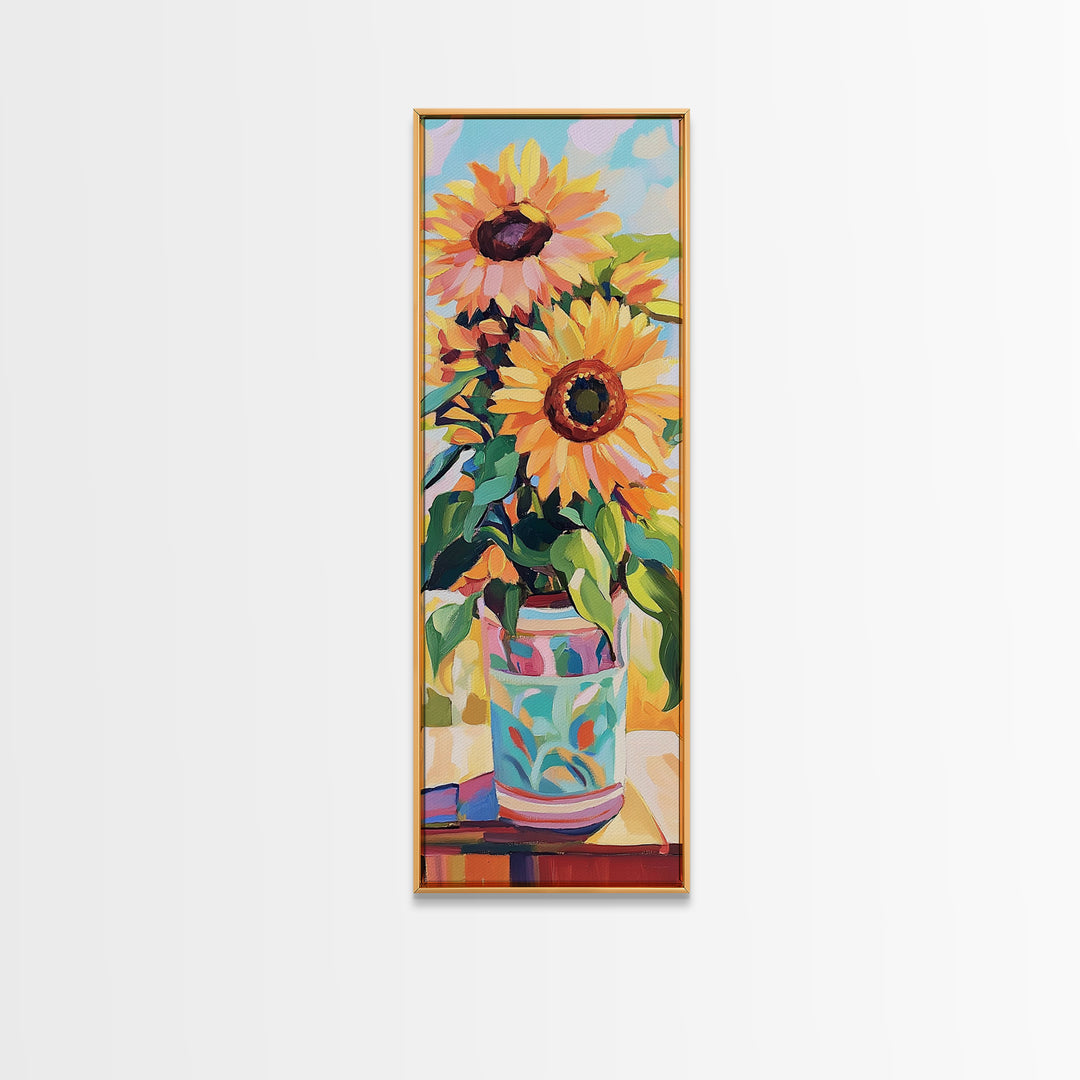 Bright Sunflowers In Patterned Vase Wall Art, Summer Floral Canvas Print, Farmhouse Kitchen Decor, Housewarming Gift For Her