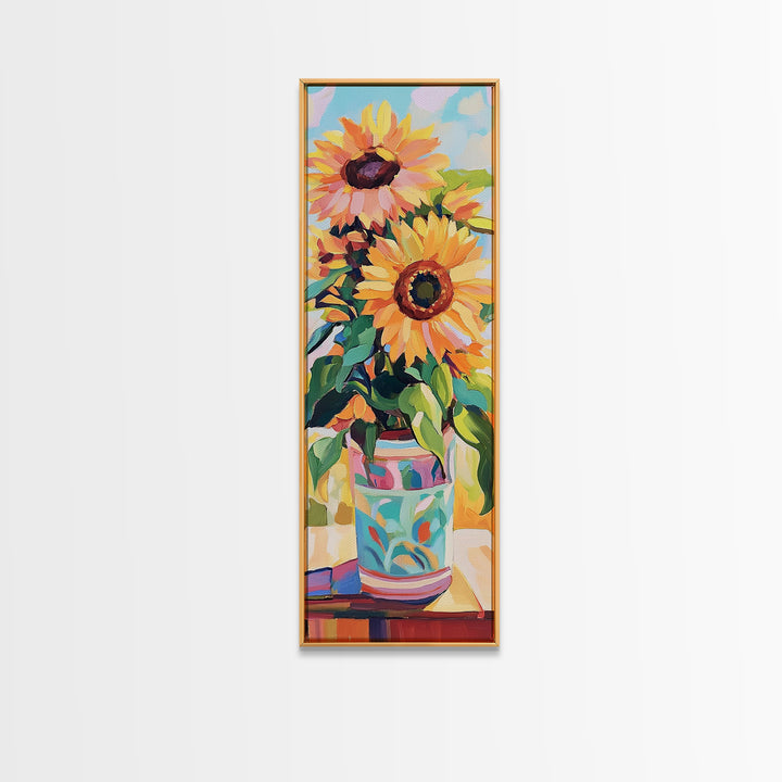 Bright Sunflowers In Patterned Vase Wall Art, Summer Floral Canvas Print, Farmhouse Kitchen Decor, Housewarming Gift For Her