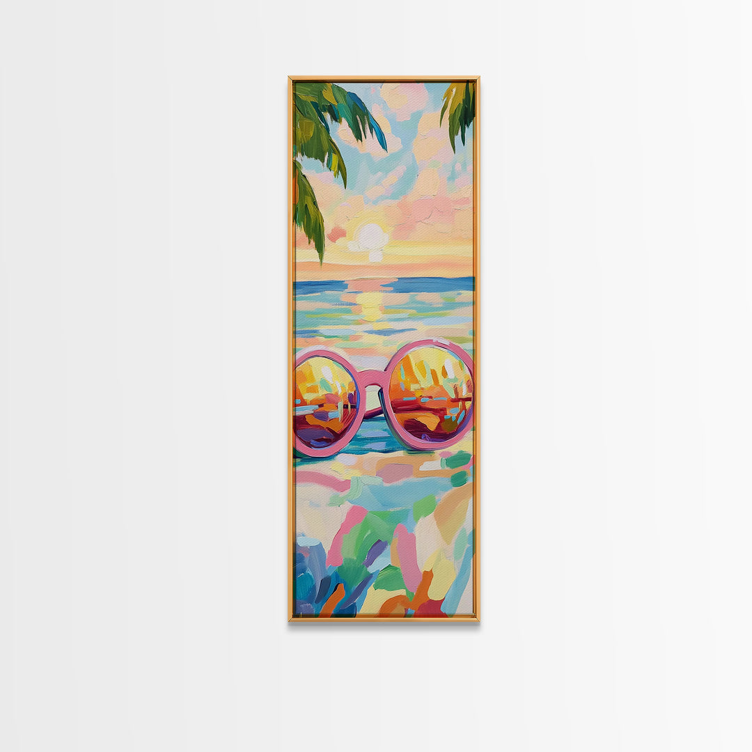 Pink Sunglasses On Beach Sunset Wall Art, Coastal Canvas Print, Tropical Ocean Decor, Summer Vacation Housewarming Gift For Her