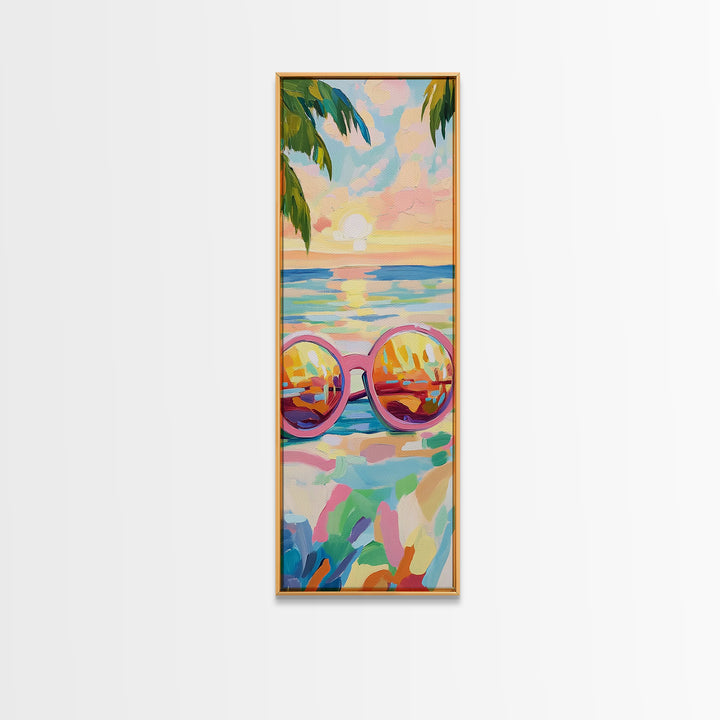 Pink Sunglasses On Beach Sunset Wall Art, Coastal Canvas Print, Tropical Ocean Decor, Summer Vacation Housewarming Gift For Her