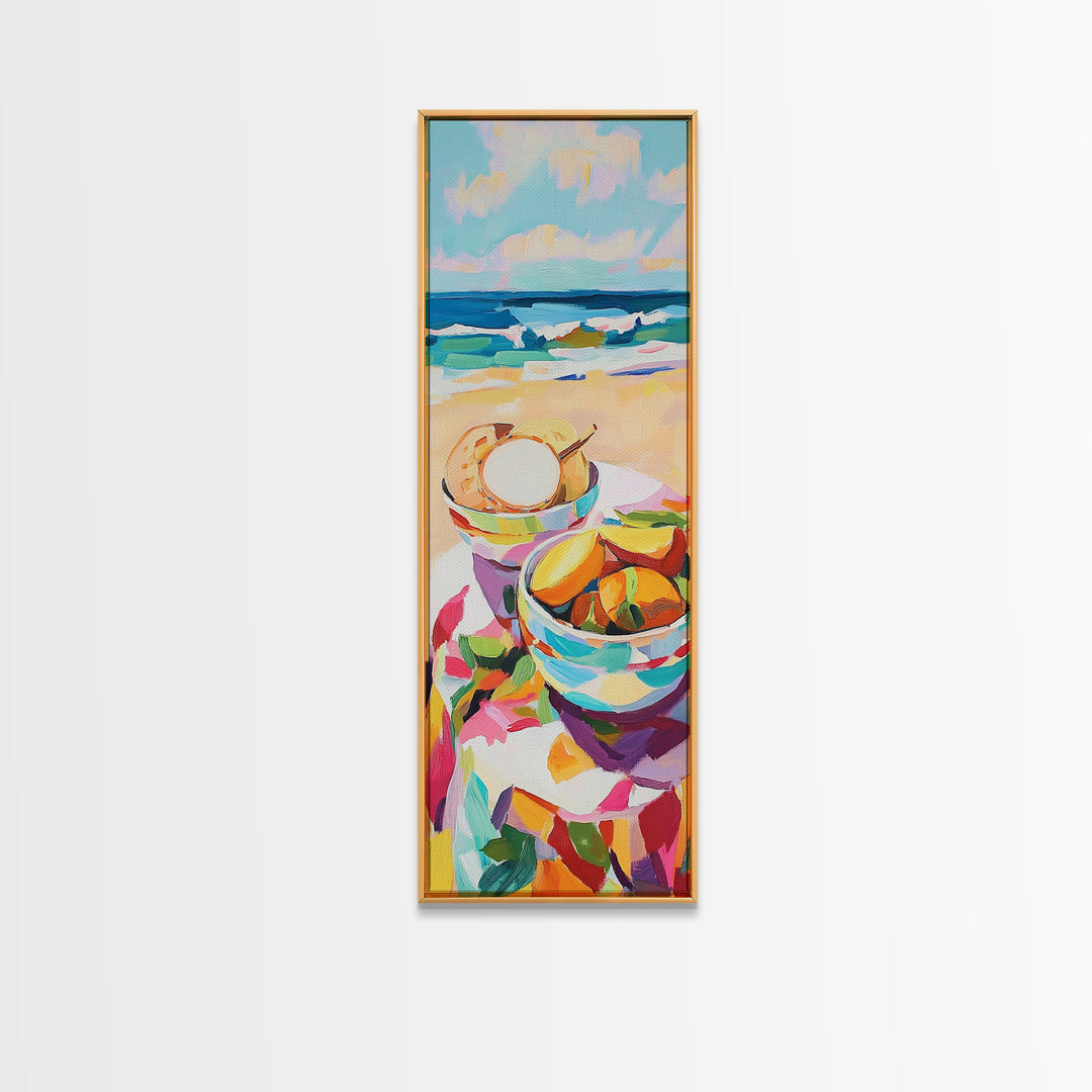 Beach Picnic Bowls And Seashell Painting, Coastal Canvas Print, Ocean Wall Art, Beach House Decor, Kitchen Art, Summer Decor