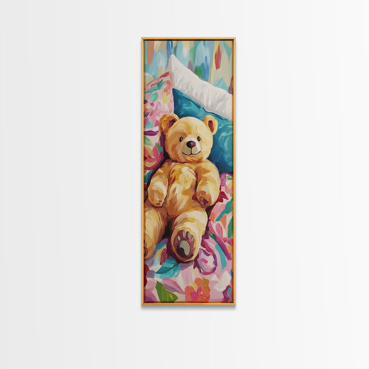 Teddy Bear On Floral Bed Painting, Whimsical Canvas Print, Nursery Wall Art, Kids Room Decor, Baby Shower Gift, Cute Wall Art