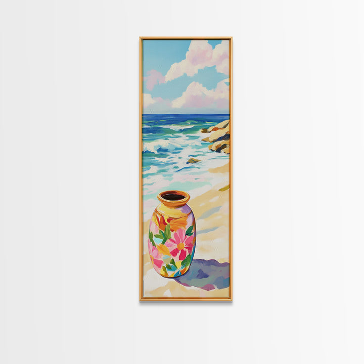 Floral Painted Vase On Sandy Beach Canvas Print, Coastal Wall Art, Ocean Decor, Tropical Flowers, Summer Housewarming Gift