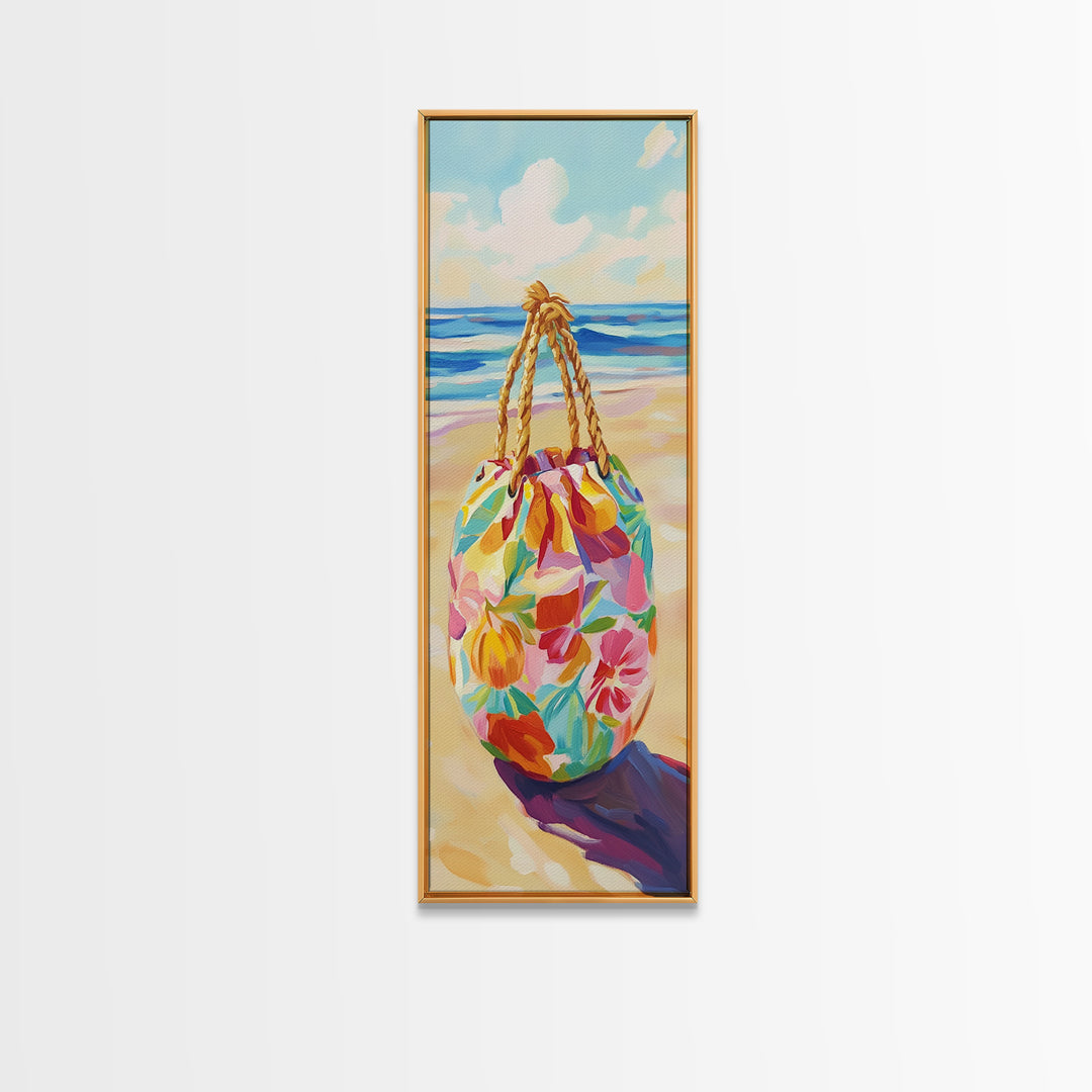 Floral Beach Tote On Sunny Shore Canvas Print, Coastal Wall Art, Beach House Decor, Tropical Decor, Summer Travel Gift For Her