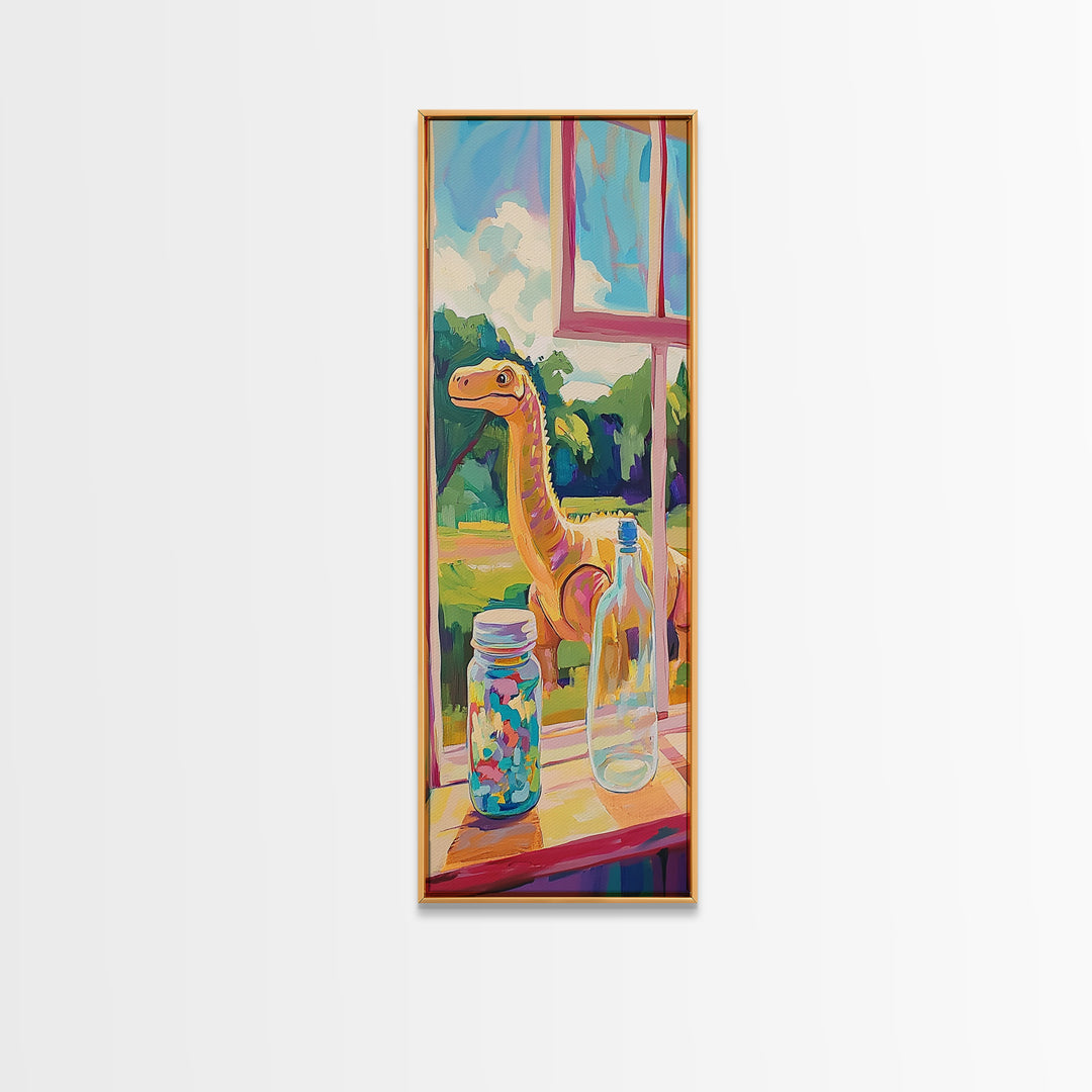 Whimsical Long Neck Dinosaur By Sunny Window Wall Art, Colorful Canvas Print, Kids Room Decor, Playful Nursery Art Print