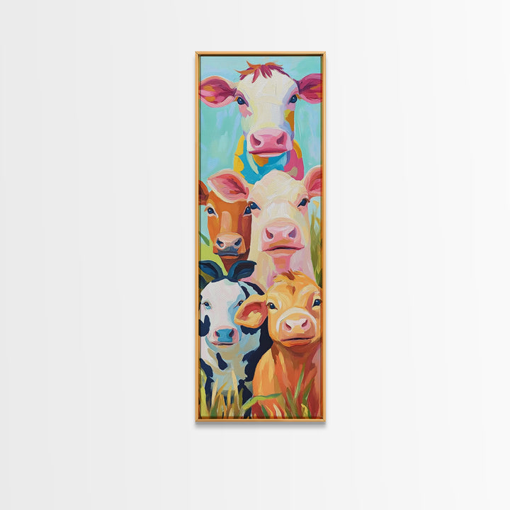 Cheerful Calves And Farm Cows Framed Canvas Print, Cute Animal Wall Art, Farmhouse Decor, Nursery Animal Art Gift For Kids Room