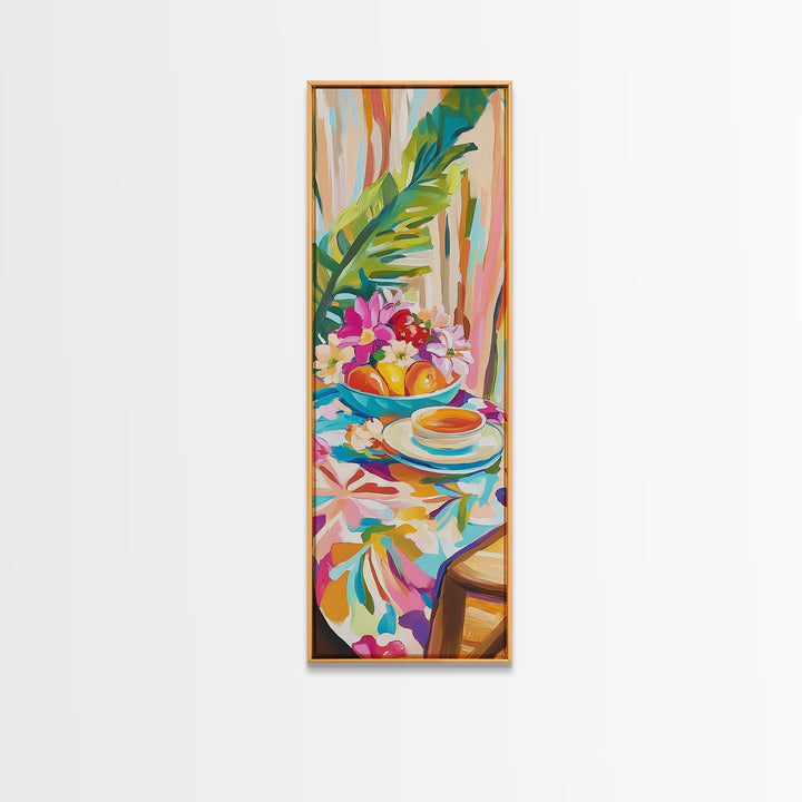 Tropical Tea Cup With Citrus And Flowers Wall Art, Colorful Kitchen Decor, Coastal Canvas Print, Bright Dining Room Art Print