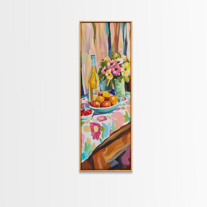 Wine Bottle Fruit And Flowers Wall Art, Colorful Kitchen Decor, Dining Room Art Print, Still Life Painting, Housewarming Gift